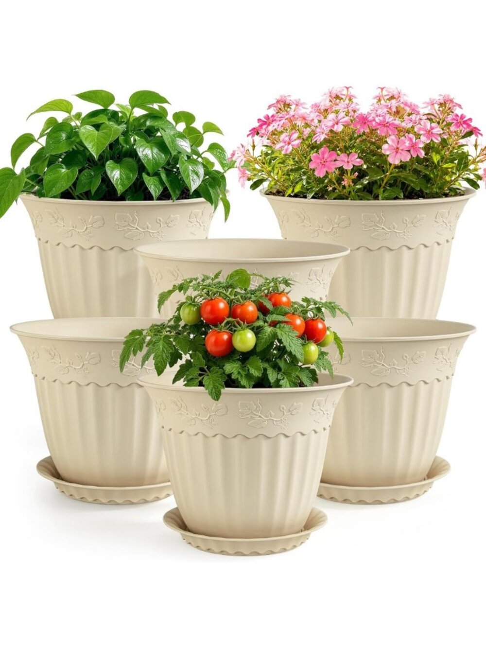 10-Inch Ivory Cream Plant Pots with Saucers - Set of 6, Perfect for Indoor
